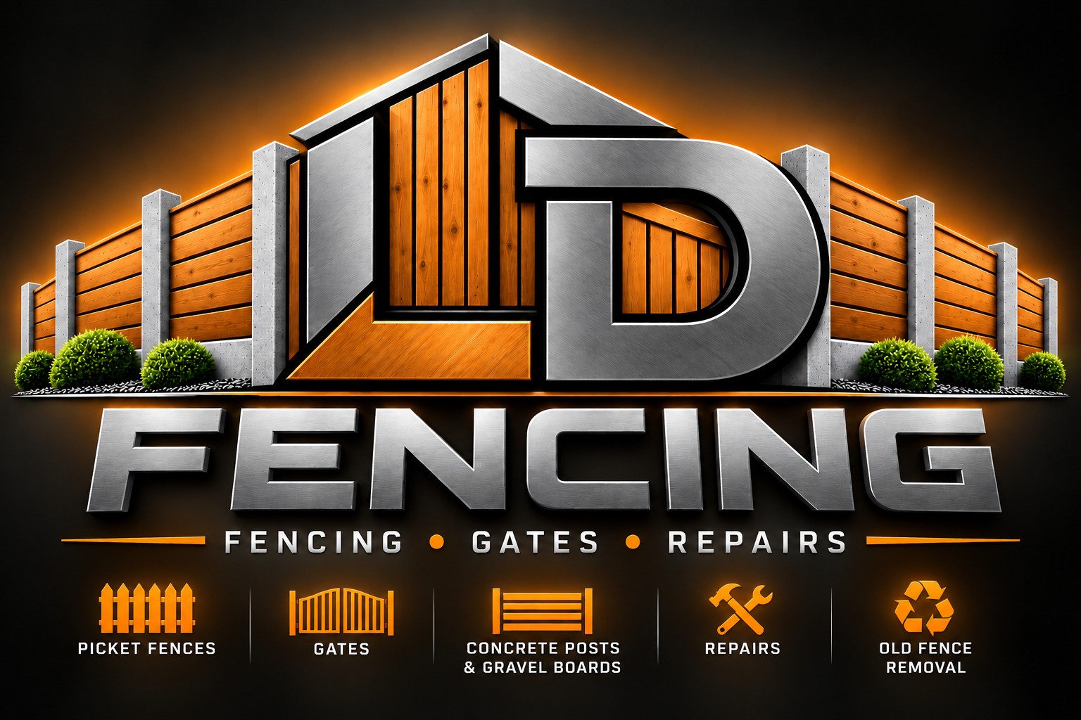 L.D. Fencing logo in silver and orange, with timber fencing and concrete posts